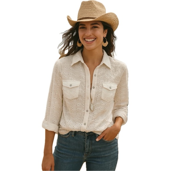 Arizona Jean Company Tops - Arizona Jean Co Blouse Eyelet Cotton Long Sleeve Button Up Western White XS